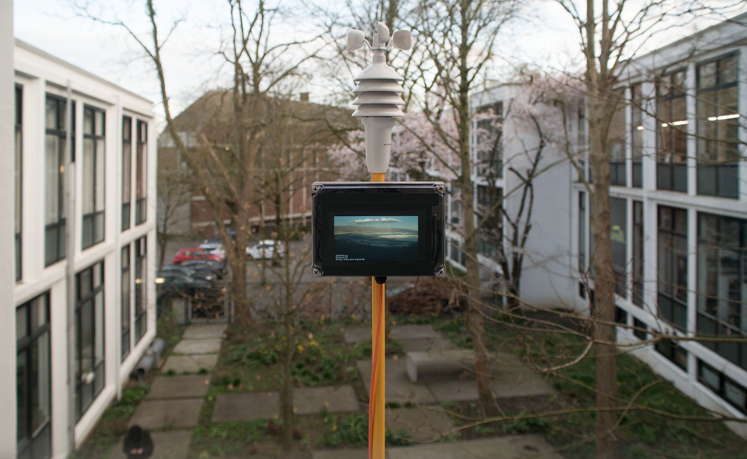 Marissa Lee Benedict and David Rueter, Installation detail - weather station display, video feed from Owens Lake, CA dust monitoring cameras