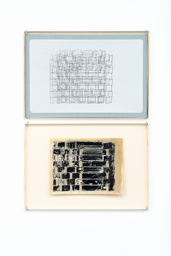 undefined, Brick Screens, Circulating and Stretching (Eileen Gray), 2021, Pen, oil, acrylic, and graphite on Rite in the Rain cardstock and vellum, 11 x 17 inches