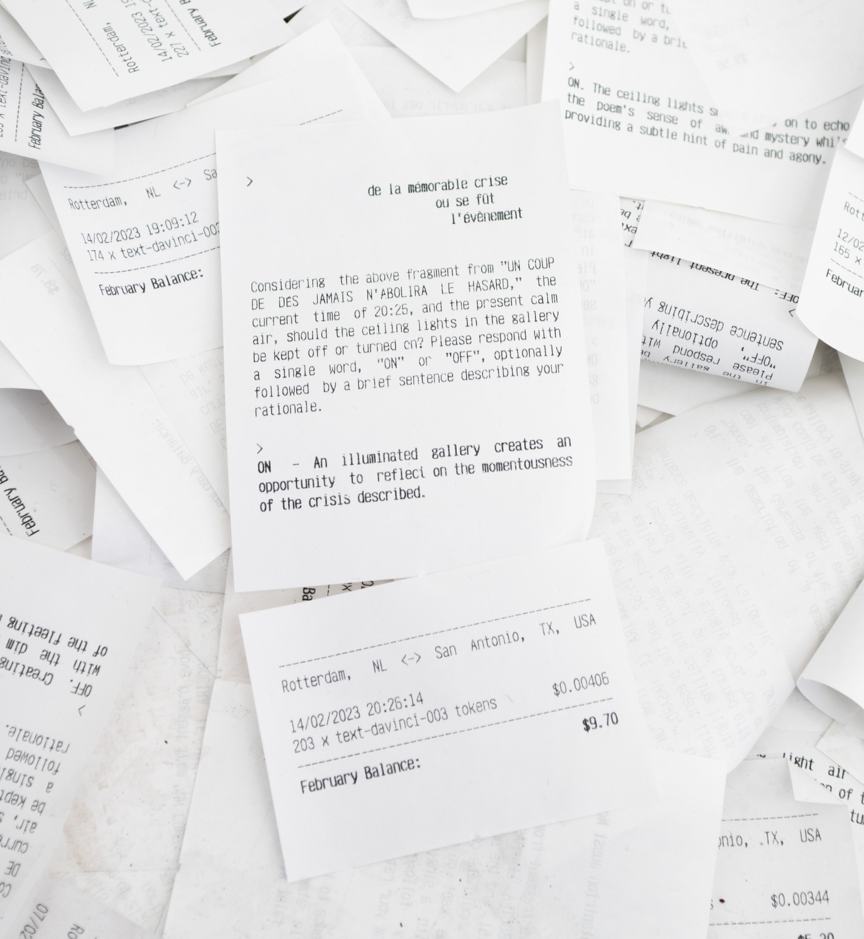 Marissa Lee Benedict and David Rueter, a conversation between machines about Mallarmé (regarding the state of the gallery lights), 2023, Wooden shelf, receipt printer, thermal paper, wiring and conduit, custom software, annotated text file containing Stéphane Mallarmé's poem "Un coup de dés jamais n'abolira le hasard," Large Language Model (LLM) cloud service account, single-board computer., Dimensions Variable